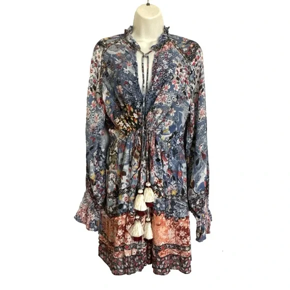 NEW Hemant & Nandita Blue Floral Mini Dress Boho Bohemian Peasant Long Sleeve M - Picture 3 of 15